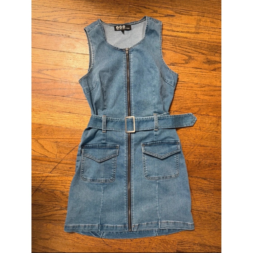 Peace Love Eco by Rewash Denim Mini Dress Blue Zip Front Belted Sleeveless Small